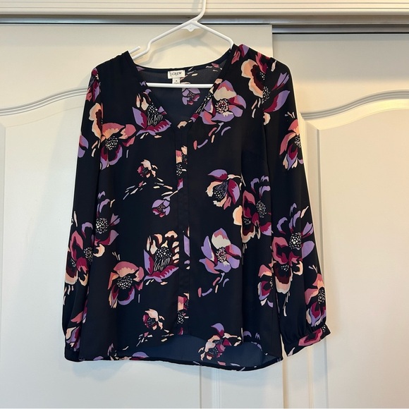 J Crew Factory Long Sleeve V Neck Top with Trim Detailing Floral Blouse - Picture 2 of 7